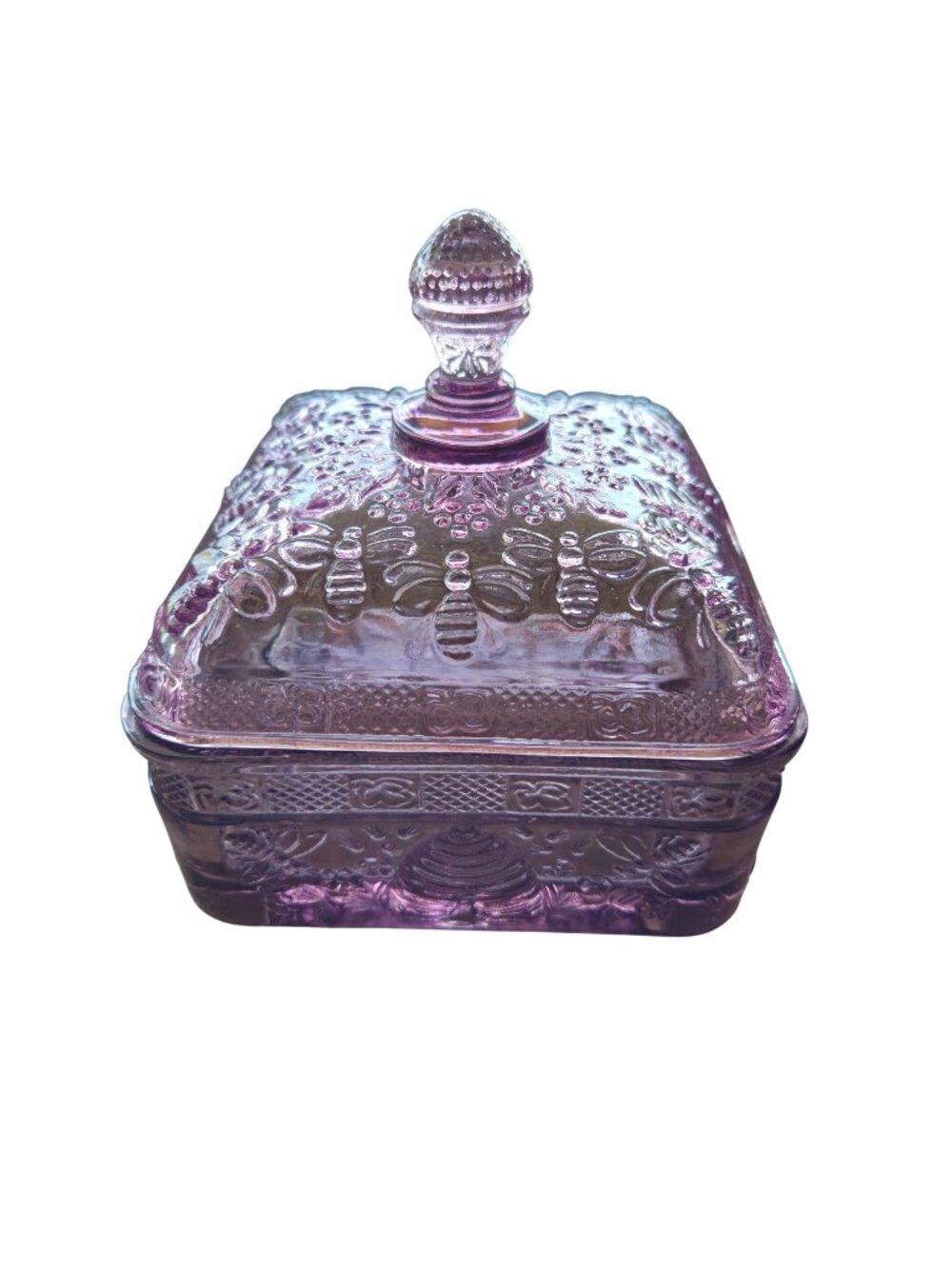 Indiana Glass Plum Honey Bee Box Jar Embossed Glass Trinket Box With Lid Purple